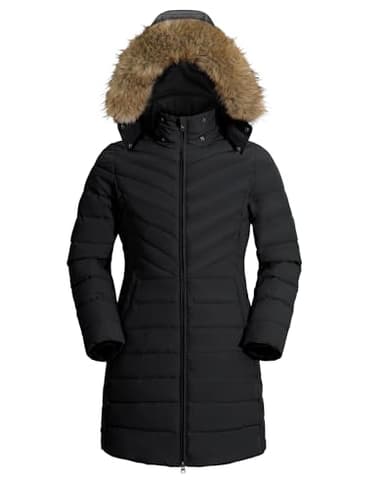 Pioneer Camp Wintermantel Damen Lang Warm Steppmantel Wasserdicht Winterjacke Mantel Damen Winter mit Abnehmbarer Kunstpelzkragen Schwarz XXL