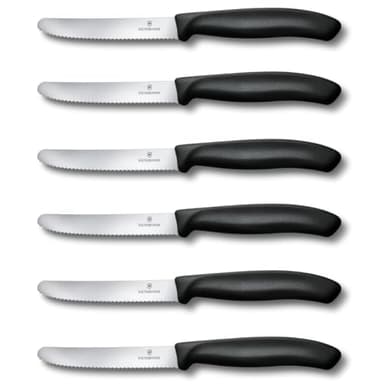 Victorinox Swiss Classic, Frühstücksmesser, Brötchenmesser, Scharfe Klinge, Wellenschliff, 11 cm, Kunststoffgriff, Rostfreier Stahl, Set 6teilig, Schwarz