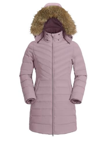 Pioneer Camp Wintermantel Damen Lang Warm Steppmantel Wasserdicht Winterjacke Mantel Damen Winter mit Abnehmbarer Kunstpelzkragen Gräulich Violett M
