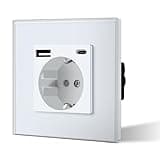 BSEED Schuko Steckdose Glas Weiss Rahmen 3 in1 Unterputz 16 A Steckdosen 1 Weg mit 2.1 A USB Ladeleistung und Typ C Adapter Aufladestation, Einfache Installation, 3-Draht Erforderlich, Weiß
