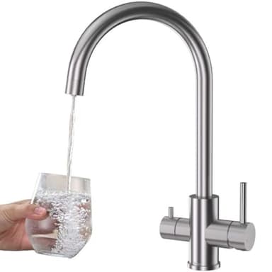 3 Wege Küchenarmatur Küche, DETBOM Wasserfilter Wasserhahn für Trinkwasser Küchenspüle, Trinkwasserhahn mit 2 Hebel, 3 in 1 Hochdruck Mischbatterie Küche 360° Drehbar Küchenarmatur-Gebürstetes Silber