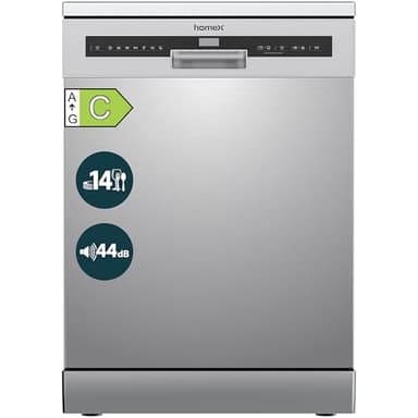 homeX Geschirrspüler 60 cm, Spülmaschine freistehend - 14 Maßgedecke, 7 Programme, AquaStop, Besteckschublade, 44 dB, Startvorwahl, Überlaufschutz, Automatische Türöffnung, Unterbaufähig, Silber