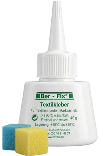 Ber-Fix® Textilkleber 40 g – inkl. 2 Mini-Schwämme | starker Stoffkleber für Baumwolle, Jeans, Leder, Filz & Markisenstoff | bleibt flexibel, waschbar bis 95 °C | lösemittelfrei | Made in Germany