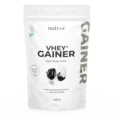 Nutri + Weight Gainer Vegan 1 kg Banane Toffee - Vhey Gainer Mass für Muskelaufbau und zum Zunehmen - Banane Karamell 1000 g ohne Zuckerzusatz