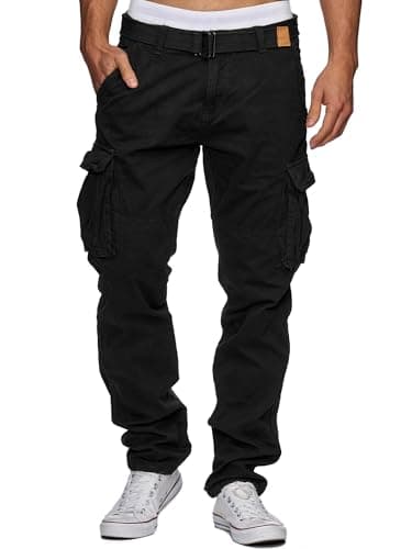 Indicode Herren William Cargohose aus Baumwolle m. 7 Taschen inkl. Gürtel | Lange Regular Fit Cargo Hose Baumwollhose Freizeithose Wanderhose Trekkinghose Outdoorhose für Männer Schwarz L