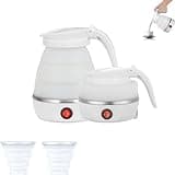 WAVATA Faltbarer Wasserkocher, 0.6L 600W Mini reisewasserkocher klein, Silikon Mini Wasserkocher mit Edelstahlboden und 2 Faltbecher, für Wandern Outdoor Reise camping wasserkocher(Weiß)