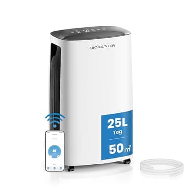 TECXERLLON Luftentfeuchter Elektrisch 25L/Tag, 50㎡(150m³), mit App-steuerung & Touchpanel, Entfeuchter für Keller, 3,7L Wassertank, Schlauchentwässerung, 47dB, 24H Timer, Kindersicherung, 3 J. Gar
