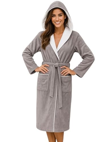 Morgenstern Bademantel Damen mit Kapuze 100% Baumwolle Frottee OEKO-TEX® Morgenmantel Leonie Taupe Größe L