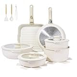 JEETEE Topfset Pfannenset mit abnehmbarem Griff 25-Teilig, Pfanne 20/26cm, Kochtopf 18/20cm, Tiefe Bratpfanne 26cm, Grillpfanne 26cm, Stapelbar Topfset Für alle Herdarten, Antihaft, Ofenfest, Beige