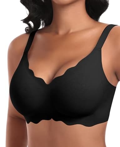 Damen Nahtloser BH Ohne Bügel Tiefem V-Ausschnitt gewellte Ränder Push Up BH Bralette Soft Bequem BHs Bügellos Bustier (Schwarz-Doppel Vorderwelle, L)