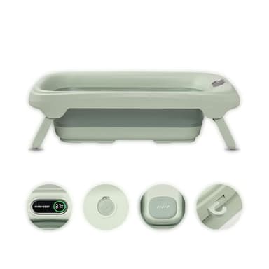 Maxi-Cosi Indigo Faltbare Badewanne Baby, 0-4 Jahre, Geräumige Mobile Badewanne Kleinkind, Integriertes HighSense Thermometer, Rutschfest, Klappbarer Hängehaken, Flach Faltbar, Sage Green