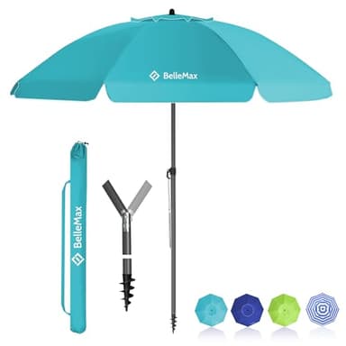 BelleMax Sonnenschirm Strand Windfest Stabil mit Bodenhülse & Schutzhülle 30° knickbar Sonnenschirm klein Rund Strandschirm Gartenschirm Marktschirm Sonnenschutz UV50+ Türkis 180cm