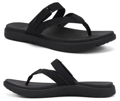 COFACE Flip Flops Damen Orthopädische Leder Stoff Leicht Zehentrenner Frauen Bequeme Plantarfasziitis Fussbett Breite Füße Badelatschen Sommer Strand Zehensandalen Rutschfest Gummi Sohle Schwarz 38