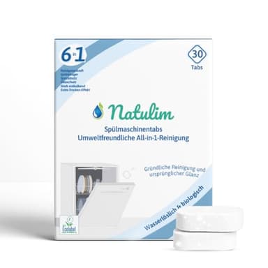 Natulim 6in1 Öko Spülmaschinentabs Geschirrspültabs ohne Plastik mit starker Reinigungskraft, Spültabs mit Entkalkung, Glanz & Glasschutz, Extra-Trockeneffekt & Spülmaschinensalz Funktion (30 Stück)