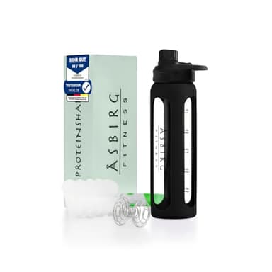 Asbirg 2.0 | Glas Protein Shaker 700ml – BPA-frei, auslaufsicher & robust – Eiweiß Shaker mit Mixball aus Borosilikatglas – Trinkflasche für Fitness & Sport | Schwarz