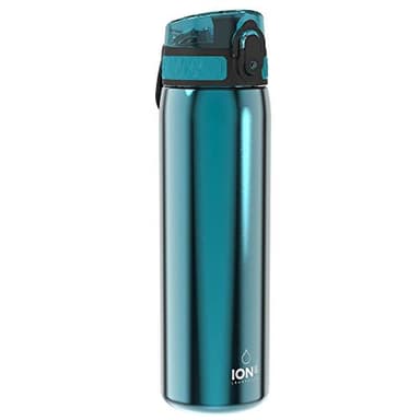 ION8 Leicht Stahl-Trinkflasche, 600 ml, Nicht Isoliert Auslaufsicher, Einhandöffnung, Sichere Verriegelung, Spülmaschinenfest, Klappdeckel, Tragegriff, Leicht zu Reinigen, Aqua