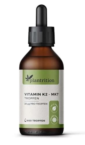 plantrition Vitamin K2 Mk7 Tropfen Vegan (100 µg pro Portion) 600 Tropfen Vitamin K2 Öl Natürliches Menaquinon MK-7 99% All-Trans (20ml) - Verpackung kann variieren