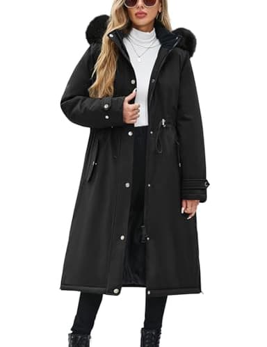 Yuson Girl Wintermäntel Damen Lang Gefüttert Mantel Winterjacke Herbst Winter Damen-mäntel Dicker Warm Fleecejacke Winddichte Outdoor Daunenmantel Elegant Parka mit Abnehmbar Kapuze(Schwarz, XL)