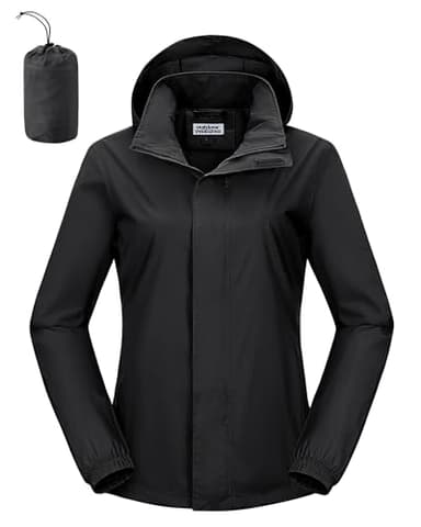 Outdoor Ventures Regenjacke Damen Wasserdicht Windbreaker Leicht Übergangsjacke mit Kapuze Packbar Fahrradjacke Outdoorjacke Schwarz M