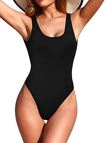 SHEKINI Damen Einteiliger Badeanzug U Ausschnitt Sport Bauchweg Bademode Rückenfrei Monokini Swimsuit Slim Strandmode(L, C-Schwarz)