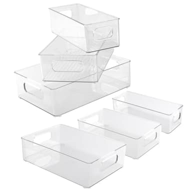 HEIYUET 6 Stück Kühlschrank Organizer Box Set, 3 Größen Kühlschrank Aufbewahrungsbox, Stapelbar Kühlschrankbehälter Transparent für Gefrierschrank, Küchen, Speisekammer