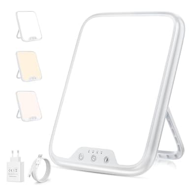 VTHW Tageslichtlampe, 10000 Lux Lichttherapielampe mit Memory Funktion, 4 Timer, 3 Lichtfarben Sonnenlicht Lampe mit Knopf-Steuerung, Stufenlosem Dimmen, 90° Halterung, für Hause/Büro