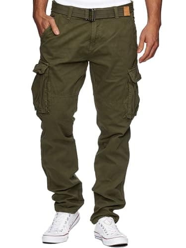 Indicode Herren William Cargohose aus Baumwolle m. 7 Taschen inkl. Gürtel | Outdoorhose Army, 3XL