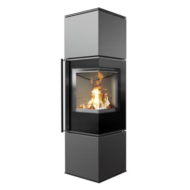 KRATKI Ren/M Eckkamin 7 kW – Freistehender Kaminofen aus Stahl Ø 150 mm 2 Seiten Glas - BImSchV 2, Ecodesign & Flamme Verte - doppelseitige Sichtscheibe, Tür rechts