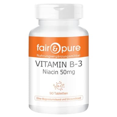 Fair & Pure Vitamin B3 Niacin 50mg, 90 Tabletten, Nicotinamid, flush-free, Nahrungsergänzungsmittel vegan ohne Magnesiumstearat, in Deutschland hergestellt