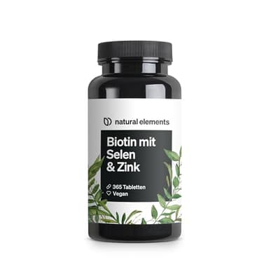 natural elements Biotin + Selen + Zink für Haut, Haare & Nägel - 365 vegane Tabletten - Ohne Magnesiumstearat, laborgeprüft