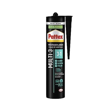 Pattex Montage Multi 3, 3in1 Montagekleber, starker Kraftkleber für fast alle Materialien*, wetterbeständiger Baukleber für innen und außen**, weiß, 1x390g Kartusche