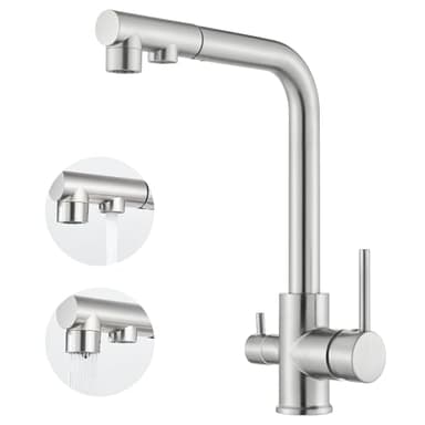 HARNART 3 Wege Wasserhahn Küche, 360° Drehbar Küchenarmatur, 3 in 1 Mischbatterie für Wasserfilter, Trinkwasserhahn mit 2 Hebel, Drei Wege Armatur Küche aus Edelstahl, Geburstet