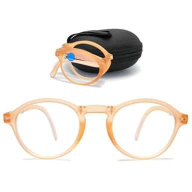 MAGIMODAC Faltbar Damen Herren Blaulichtfilter Lesebrille Klappbar Runde Klein Lesebrillen Federscharnier Kompakte Klapplesebrillen mit Etui Orange +1.50