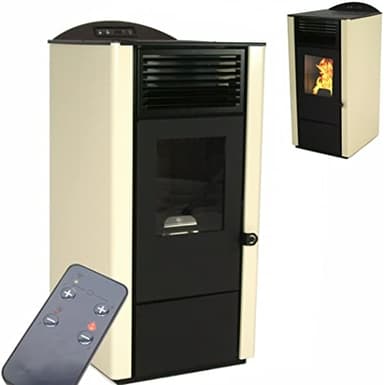 Pelletofen 9,5kW Pelletkamin 56301 Pelletheizung Kaminofen A+ Holzofen Glastür AWZ (schwarz/elfenbein)