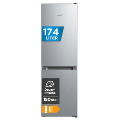 Comfee RCB169DS2(E) Kühl-/Gefrierkombination/150 cm Höhe/Low Frost/Einstellbare Kühlschranktemperatur/LED-Licht/195 kWh/Jahr/115L Kühlteil/59L Gefrierteil/Silber