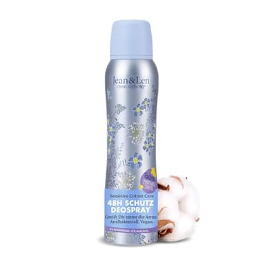 Jean & Len Deospray Sensitiv Cotton Care, schenkt bis zu 48h zuverlässigen Deo-Schutz, sensitive Pflege, wirkt antibakteriell, ohne Aluminium (ACH) & Alkohol, vegan, 150 ml