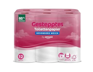 by Amazon Toilettenpapier, 4-lagig Gestepptes, Besonders Weich, 12 Rollen, 1-er Pack, 160 Blätter pro Rolle, FSC-Zertifiziert