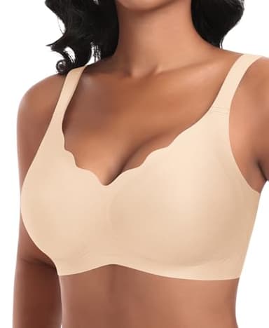 Ganado Damen Nahtloser BH Ohne Bügel Tiefem V-Ausschnitt gewellte Ränder Push Up BH Bralette Soft Bequem BHS Bügellos Bustier (Beige-Vordere Welle, L)