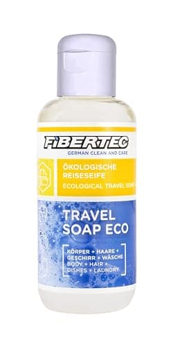 FIBERTEC Travel Soap Eco 250ml - 3-in-1 Reise-Seife flüssig, Körperpflege, Waschmittel & Geschirrspülmittel in einer Universal-Lösung, Biologisch abbaubar, Made in Germany