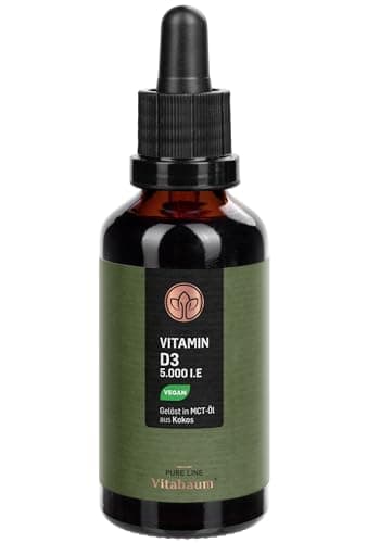 Vitabaum® Vitamin D3 5000 I.E. Tropfen – Hochdosiert – 1700 Tropfen – 50 ml – In MCT-Öl gelöst für optimale Aufnahme – Premium-Qualität und praktische Dosierung – Vegan