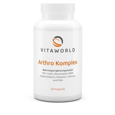 vitaworld Arthro Komplex – veganer Gelenk-Komplex mit Glucosamin, MSM, Hyaluronsäure, L-Lysin, Vitamin C, Zink & Silicium aus Bambus – 120 Kapseln – ohne Krebstiere