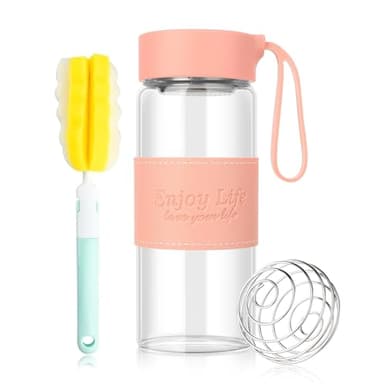 WnlahuWA 1 Stück Shaker Glas 480ml, Protein Shaker Glas 16 Oz, Kleiner Glaskrüge, Geruchloses Shakerflasche, BPA-freies, mit 304 Edelstahl-Rührball und Reinigungsputzer (Rosa)