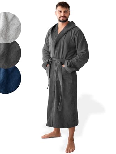 SIEGENTHAL® Herren Bademantel Frottee Velours 100% Baumwolle - Kapuzenbademantel, weich, saugfähig, warm, lang, Luxus, Premium, Wellness, Spa, hochwertige Verarbeitung, Dunkelgrau M L