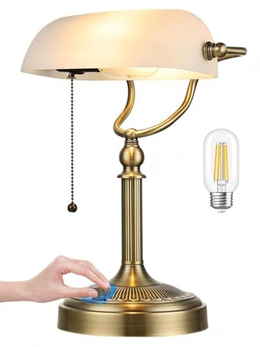 Newrays White Mattglas Banker Schreibtischlampe, stufenloser dimmbarer Tischlampenstopfen für Studien, Home Office, Bibliothek, LED -Glühbirne inklusive