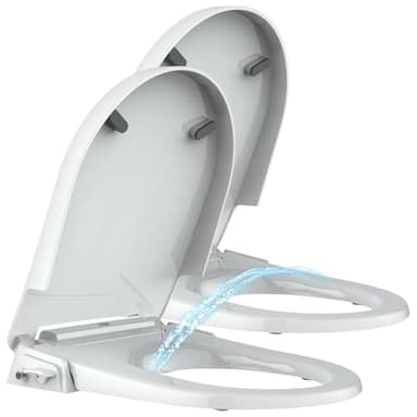 BadeStern WC Aufsatz: 2er-Set Bidet-Toilettensitz mit Doppeldüsen, Absenkautomatik, D-Form (Bidet WC Sitz, Aufsatz, Dusche nachrüsten)
