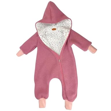 Lilakind Wollwalk Overall für Baby und Kleinkind mit Kapuze und Reißverschluss – Dusty Pink, Kapuze gefüttert (Creme Blumenmuster), Größe 74-80