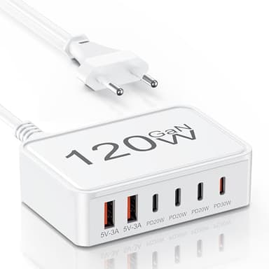 USB C Ladegerät, 120W 6-Port Ladegerät Mehrfach Mit 4 USB-C und 2 USB-A, Schnellladegerät PD 3.0 Power Adapter, Tragbarer netzteil für iPhone 16 15 14 Pro/Pro Max, iPad, Samsung