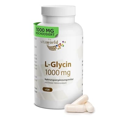 L-Glycin - Glycin hochdosiert 1000mg pro Tag (120 vegane Kapseln) - 4-Monatsvorrat - optimal dosiert - von Natur aus süß - ohne unerwünschte Zusätze, laborgeprüft, glutenfrei & laktosefrei - vitaworld