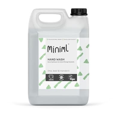 Miniml Handseife, Nachfüllfüllung, 5 l, mit Limette, Basilikum und Mandarine angereichertes Hand-, Haut- und Körperwaschgel für zarte und empfindliche Haut — 100Prozent vegan und tierversuchsfrei
