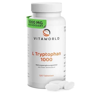 L-Tryptophan - L Tryptophan hochdosiert 1000mg je Tablette (120 vegane Tabletten) - Aminosäure aus pflanzlicher Fermentation - ohne unerwünschte Zusätze, glutenfrei und laktosefrei - vitaworld